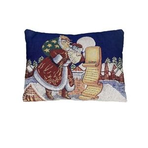Santa Claus Tapestry Pillow - on roof checking list with bag of toys ~ 17" x 11"